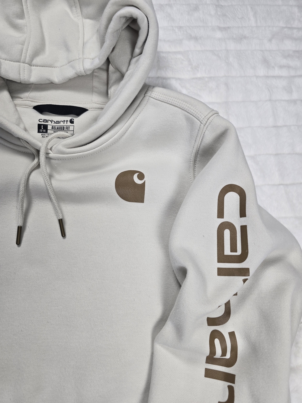 Carhartt Womens L 12-14 Cream Hoodie Relaxed Fit Brown Logo Sleeve Pullover